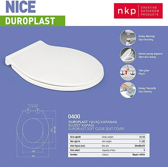 NKP Nice Duroplast Yavaş Kapanan Klozet Kapağı Metal Menteşe Üstten Sıkmalı