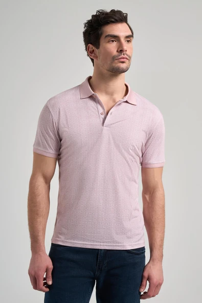 Pembe Kısa Kol Baskılı Pike Polo Yaka Cepsiz esnek Casual Slim Fit Tişört 1011250150 - Resim 3