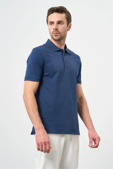 İndigo Mavi Kısa Kol Düz Pike Polo Yaka Casual Slim Fit Tişört 1011240194