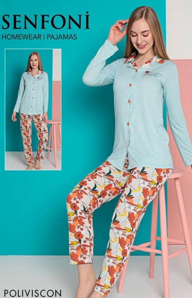 Kadın Düğmeli Uzun Kol Pijama Takımı Senfoni - 10274 - 2