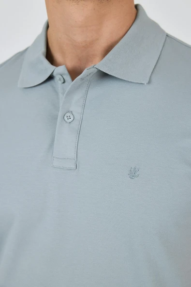 Buz Mavi Kısa Kol Düz Pike Polo Yaka Cepsiz Pamuk Casual Slim Fit Tişört 1011250157_350 - Resim 4