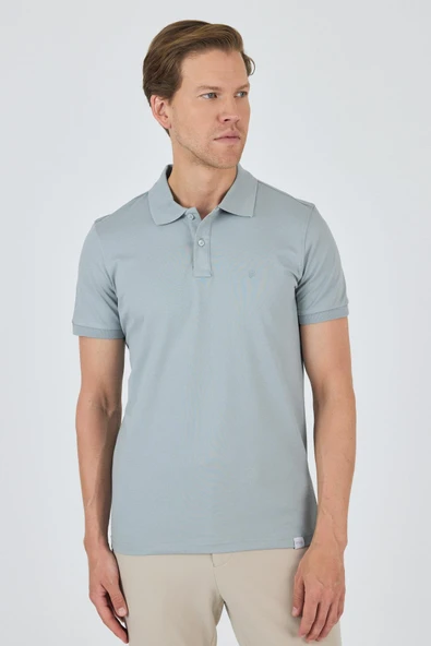 Buz Mavi Kısa Kol Düz Pike Polo Yaka Cepsiz Pamuk Casual Slim Fit Tişört 1011250157_350 - Resim 2