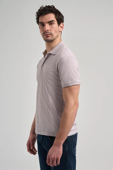 Bej Kısa Kol Baskılı Pike Polo Yaka Cepsiz esnek Casual Slim Fit Tişört 1011250150 - Resim 3