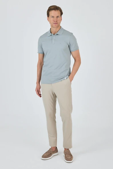 Buz Mavi Kısa Kol Düz Pike Polo Yaka Cepsiz Pamuk Casual Slim Fit Tişört 1011250157_350 - Resim 3