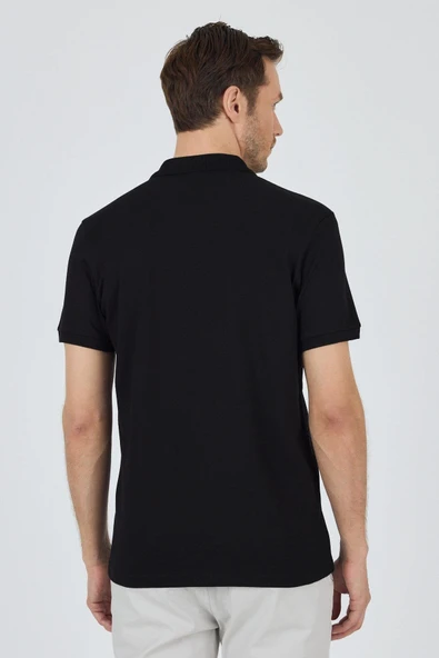 Siyah Kısa Kol Düz Pike Polo Yaka Cepsiz Pamuk Casual Slim Fit Tişört 1011250157_001 - Resim 5