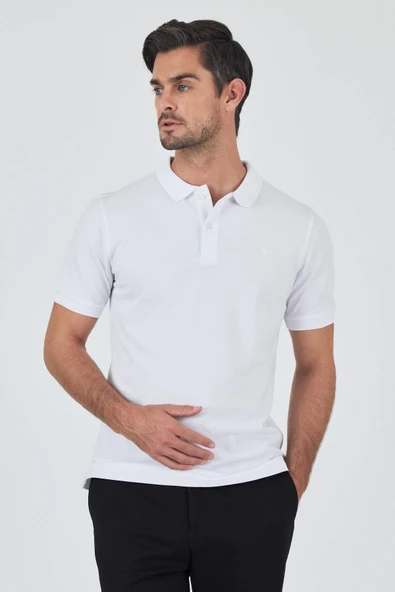 Beyaz Polo Yaka Kısa Kol Cepsiz Slim Fit Classic Pamuklu Tişört 1011250177 - Resim 3