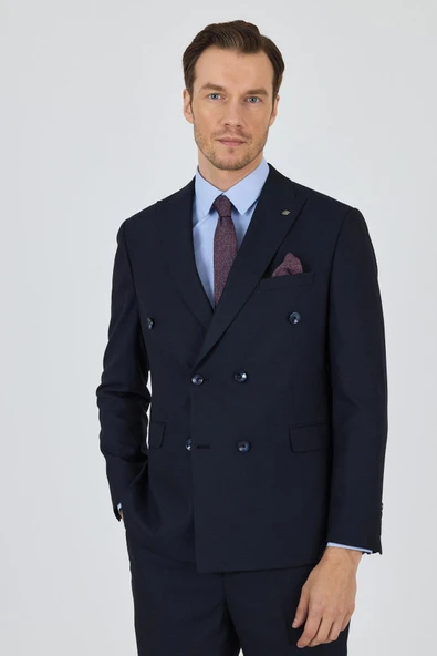 Koyu Lacivert Kılıç Yaka Düz Kruvaze Classic Esnek Slim Fit Takım Elbise 1001250172 - 3