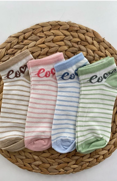 Çizgili Love Yazılı 4 Çift Patik Çorap Vakre - 9328