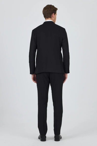 Siyah Kılıç Yaka Düz Kruvaze Classic Esnek Slim Fit Takım Elbise 1001250172 - Resim 7