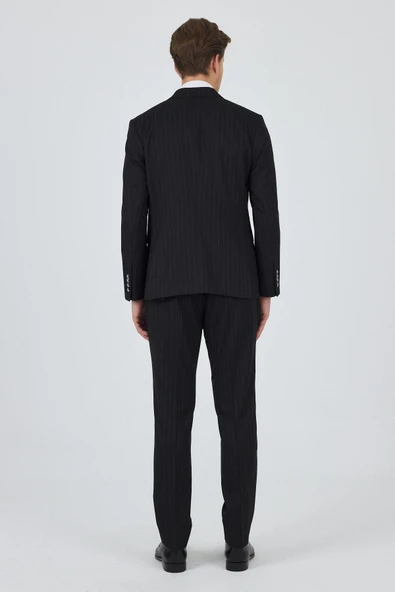 Siyah Kılıç Yaka Çizgili Desen Kruvaze Classic Esnek Slim Fit Takım Elbise 1001250173 - 5