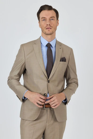 Bej Mono Yaka Düz 2 Düğme Classic Yünlü Slim Fit Takım Elbise 1001250175 - 3