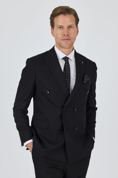 Siyah Kılıç Yaka Düz Kruvaze Classic Esnek Slim Fit Takım Elbise 1001250172 - Resim 2