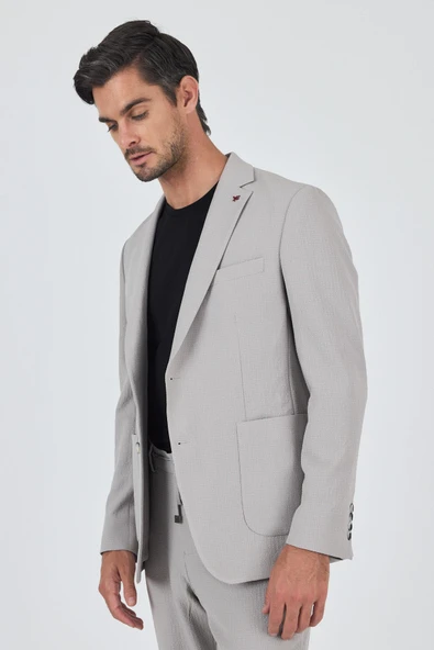 Taş Rengi Mono Yaka Kendinden Desenli 2 Düğme Casual Esnek Slim Fit Takım Elbise 1001250174 - 3