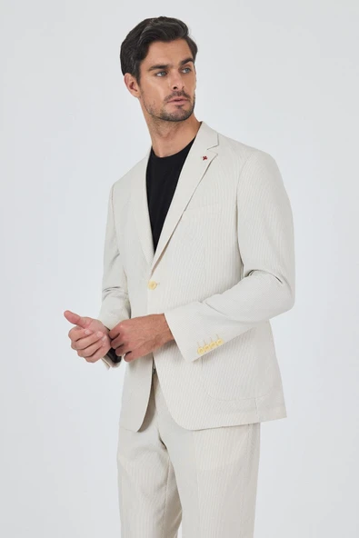 Açık Bej Gofreli Mono Yaka Esnek 6 Drop Slim Fit Classic Takım Elbise 1001250117