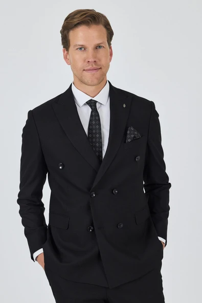 Siyah Kılıç Yaka Düz Kruvaze Classic Esnek Slim Fit Takım Elbise 1001250172 - Resim 4