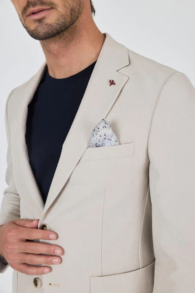 Bej Mono Yaka Kendinden Desenli 2 Düğme Casual Esnek Slim Fit Takım Elbise 1001250174 - 4