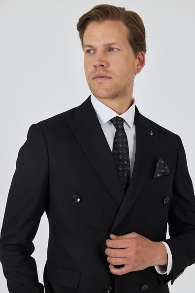 Siyah Kılıç Yaka Düz Kruvaze Classic Esnek Slim Fit Takım Elbise 1001250172 - Resim 5