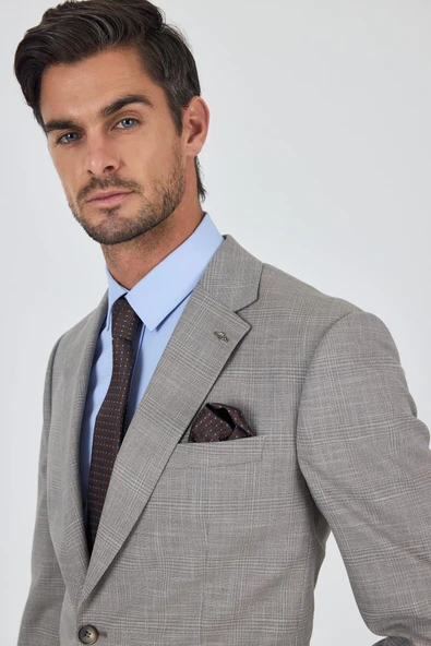 Bej Mono Yaka Esnek 4 Drop Comfort Fit Classic Takım Elbise 1001250159 - Resim 4