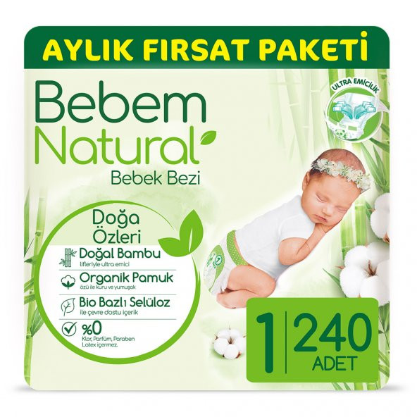 Bebem Natural Bebek Bezi 1 Beden Yenidoğan Aylık Fırsat Paketi 240 Adet