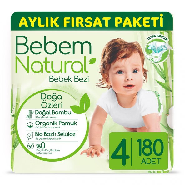 Bebem Natural Bebek Bezi 4 Beden Maxi Aylık Fırsat Paketi 180 Adet