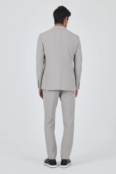 Taş Rengi Mono Yaka Kendinden Desenli 2 Düğme Casual Esnek Slim Fit Takım Elbise 1001250174 - 5