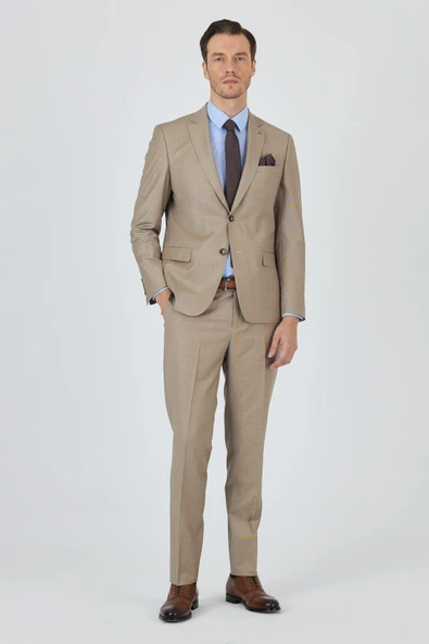 Bej Mono Yaka Düz 2 Düğme Classic Yünlü Slim Fit Takım Elbise 1001250175 - 2
