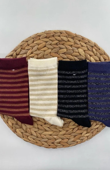 Kadın Simli Yan Şeritli Soket Çorabı 4 Çift Saradonna