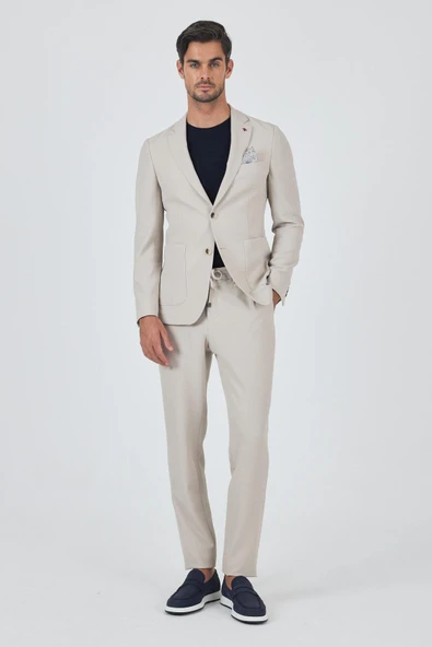 Bej Mono Yaka Kendinden Desenli 2 Düğme Casual Esnek Slim Fit Takım Elbise 1001250174 - 3