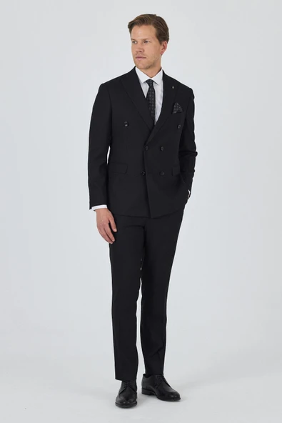 Siyah Kılıç Yaka Düz Kruvaze Classic Esnek Slim Fit Takım Elbise 1001250172 - Resim 3