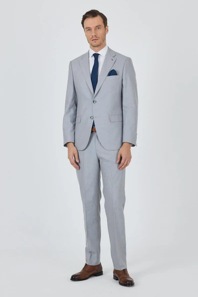 Gri Mono Yaka Desenli Astarlı Çift Yırtmaç Esnek 6 Drop Comfort Fit Classic Takım Elbise 1001250161 - Resim 2