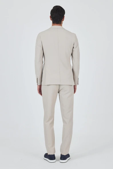 Bej Mono Yaka Kendinden Desenli 2 Düğme Casual Esnek Slim Fit Takım Elbise 1001250174 - 5