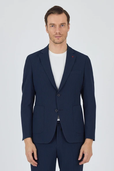 Koyu Lacivert Gofreli Mono Yaka Esnek 6 Drop Slim Fit Classic Takım Elbise 1001250117
