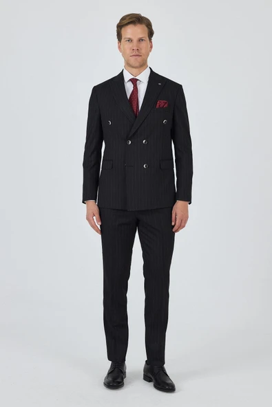 Siyah Kılıç Yaka Çizgili Desen Kruvaze Classic Esnek Slim Fit Takım Elbise 1001250173 - 2