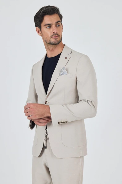 Bej Mono Yaka Kendinden Desenli 2 Düğme Casual Esnek Slim Fit Takım Elbise 1001250174 - 2