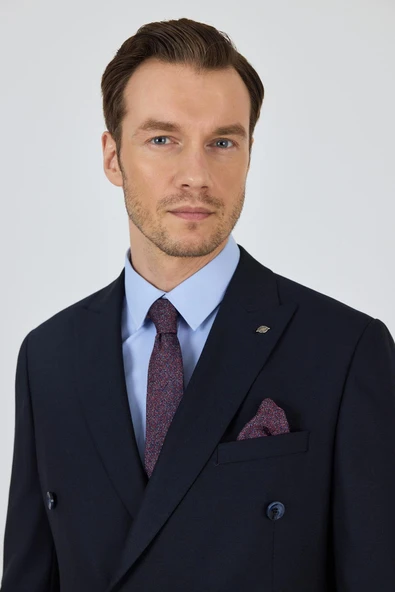 Koyu Lacivert Kılıç Yaka Düz Kruvaze Classic Esnek Slim Fit Takım Elbise 1001250172 - 4