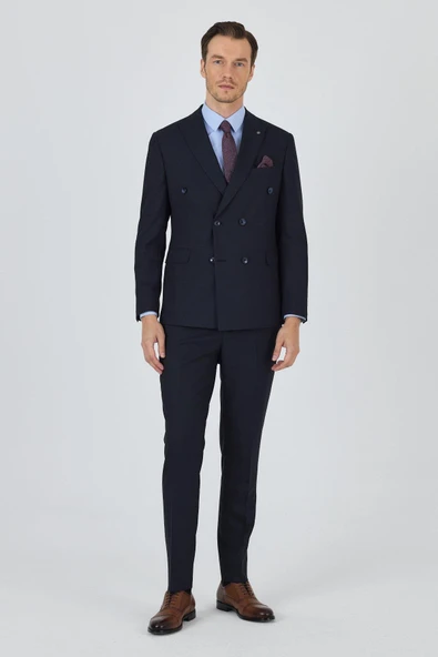 Koyu Lacivert Kılıç Yaka Düz Kruvaze Classic Esnek Slim Fit Takım Elbise 1001250172 - 2