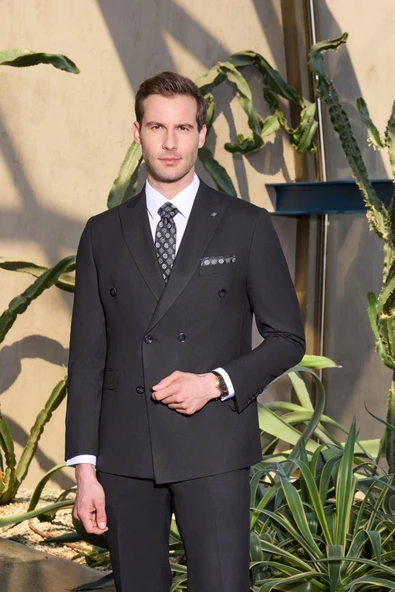 Siyah Kılıç Yaka Düz Kruvaze Classic Esnek Slim Fit Takım Elbise 1001250172 - Resim 6