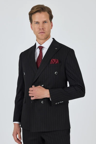 Siyah Kılıç Yaka Çizgili Desen Kruvaze Classic Esnek Slim Fit Takım Elbise 1001250173 - 3