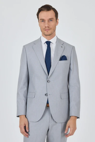 Gri Mono Yaka Desenli Astarlı Çift Yırtmaç Esnek 6 Drop Comfort Fit Classic Takım Elbise 1001250161