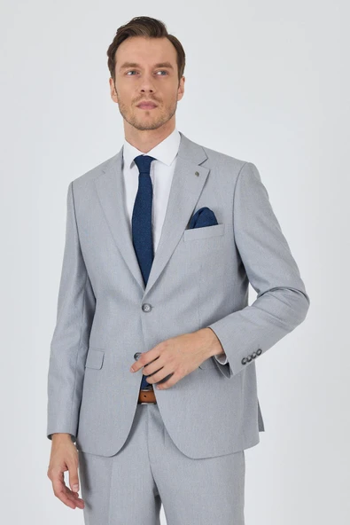 Gri Mono Yaka Desenli Astarlı Çift Yırtmaç Esnek 6 Drop Comfort Fit Classic Takım Elbise 1001250161 - Resim 3