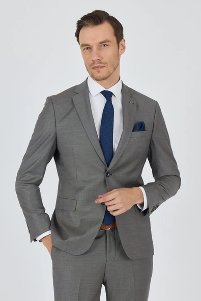 Lacivert Mono Yaka Düz 2 Düğme Classic Yünlü Slim Fit Takım Elbise 1001250175 - 3