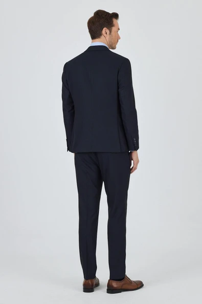 Koyu Lacivert Kılıç Yaka Düz Kruvaze Classic Esnek Slim Fit Takım Elbise 1001250172 - 5