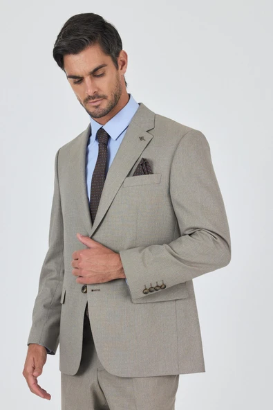 Koyu Bej Mono Yaka Astarlı Çift Yırtmaç Esnek 4 Drop Comfort Fit Classic Takım Elbise 1001250160 - 3