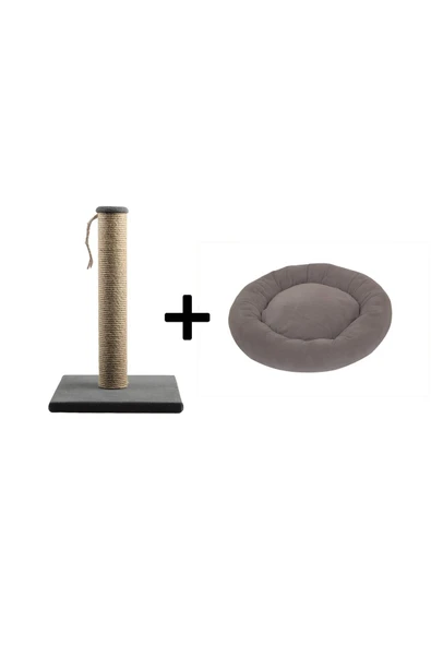 Pribor Kedi Tırmalama Tahtası 40 Cm Ve Kedi Simit Yatağı 50 Cm Çap Polar 2' Li Set Gri