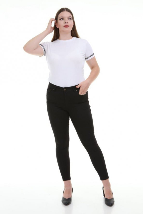 Tam siyah Büyük Beden Likralı Dar Paça Kot Pantolon - Resim 3