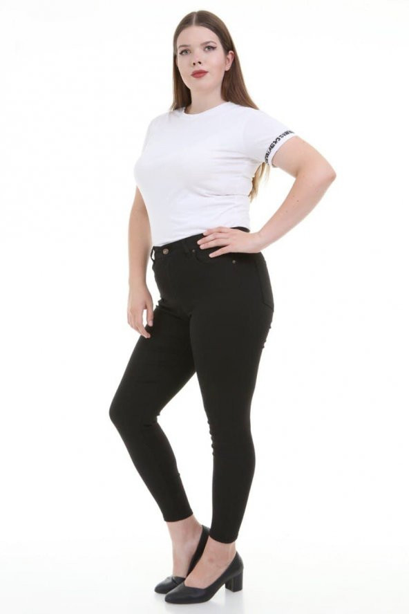 Tam siyah Büyük Beden Likralı Dar Paça Kot Pantolon - Resim 5