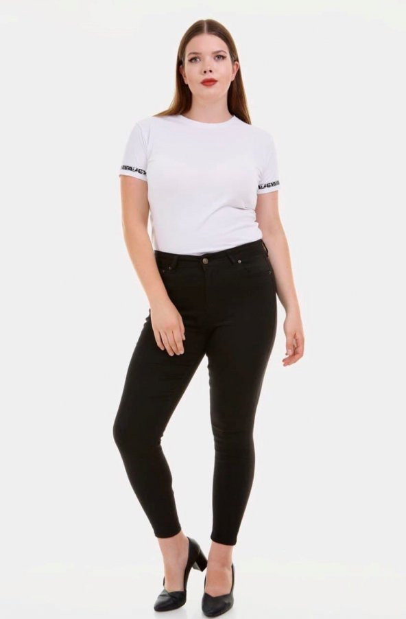 Tam siyah Büyük Beden Likralı Dar Paça Kot Pantolon - Resim 9