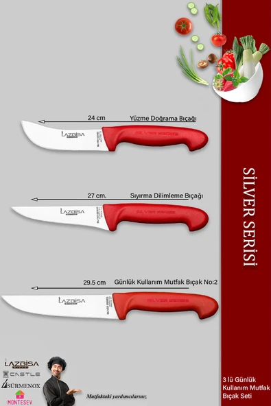 Lazbisa Silver Serisi Mutfak Bıçak Seti Et Ekmek Sebze Bıçağı 3 Lü Set Günlük Kullanım ( Mtf-201) - Resim 2