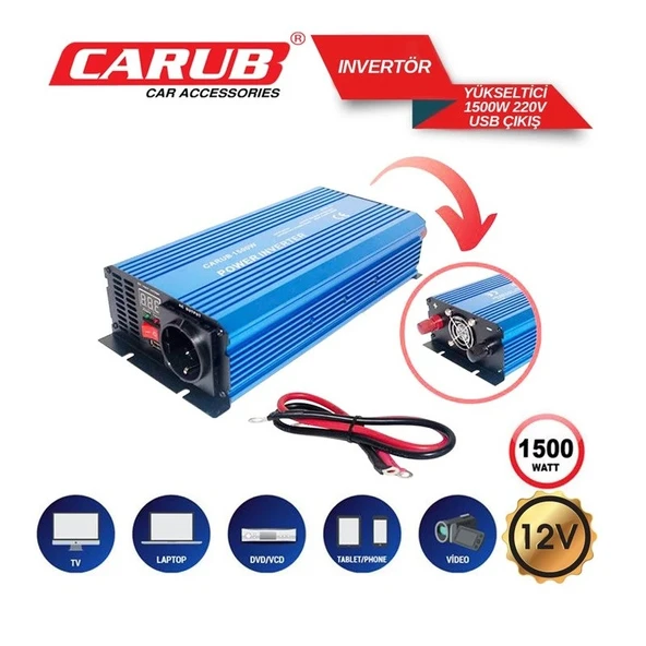 CARUB Invertör 12V 1500W 220V Yükseltic+ USB Çıkış - 1