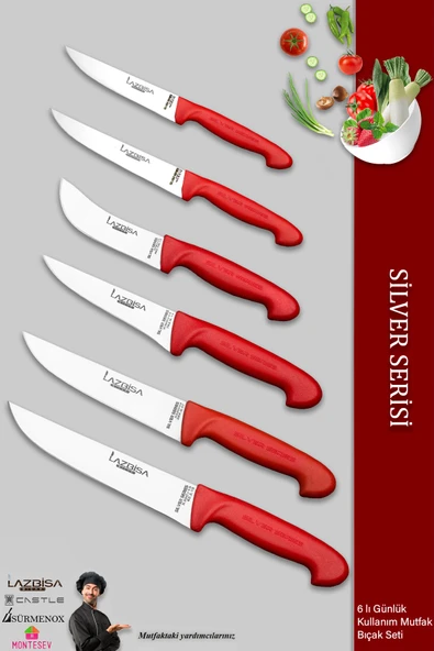 Lazbisa Silver Serisi Mutfak Bıçak Seti Et Ekmek Sebze Bıçağı 6 Lı Set Günlük Kullanım ( Mtf-202)